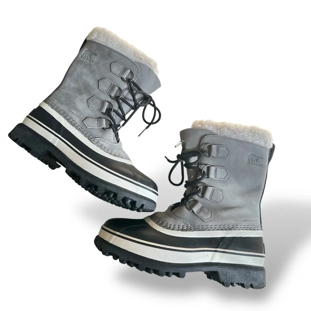 Sorel Caribou Waterproof Winter Boots Grey Stone Nubuck Snow Size 7 EU 38